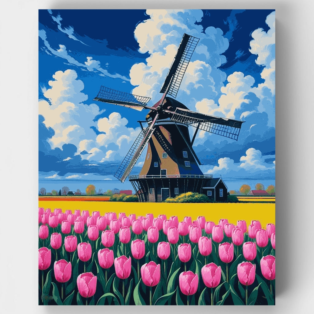 Molino de viento holandés con campos de tulipanes - Kit de pintura por números — Estándar