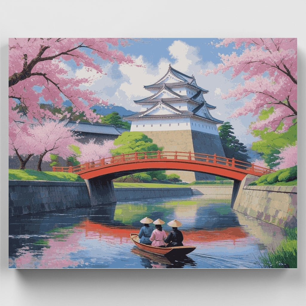 Kit de pintura por números: Puente con cerezos en flor en un castillo japonés — Estándar