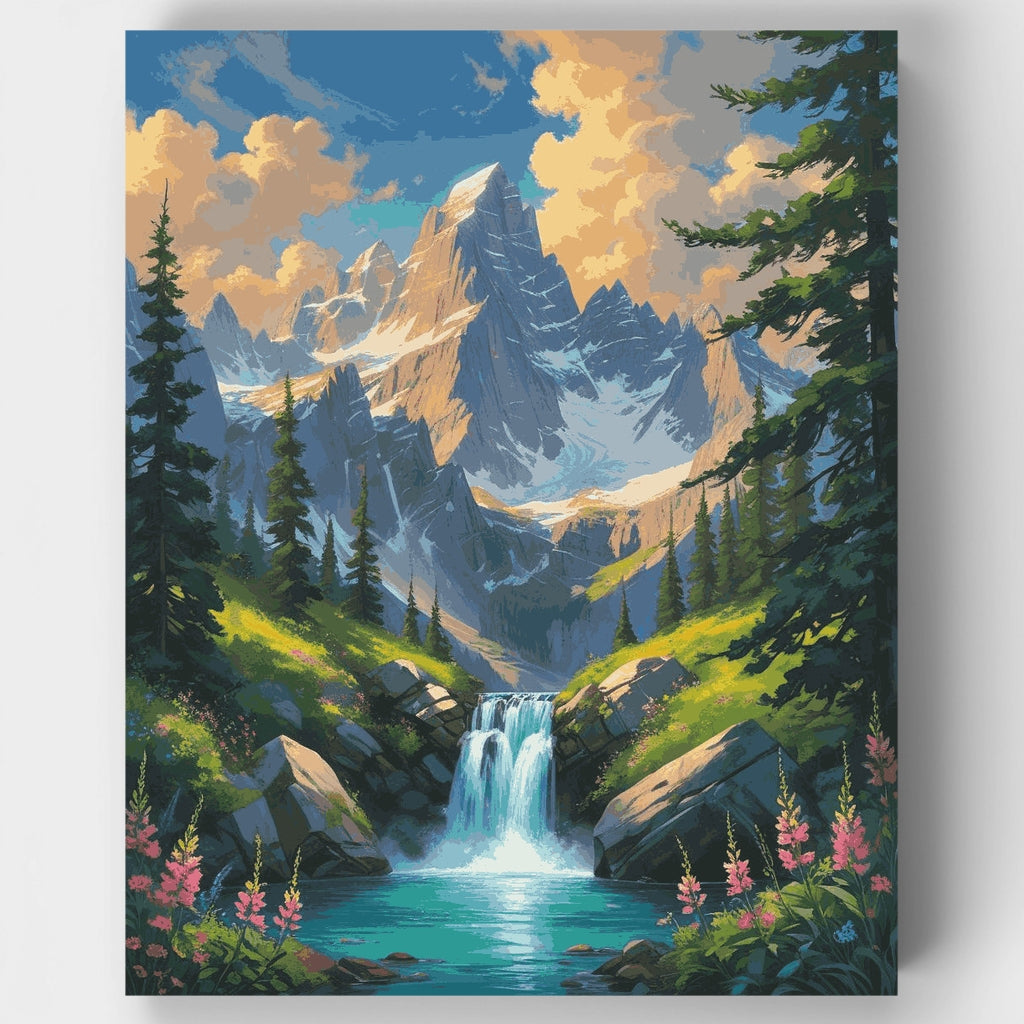 Cascada alpina con picos nevados - Kit de pintura por números — Estándar