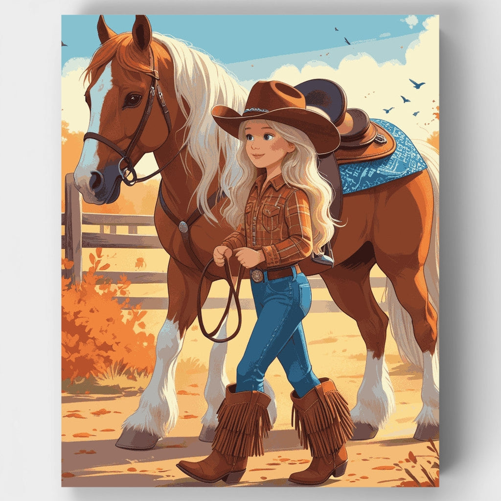 Kit de pintura por números: Vaquera del Rancho de Otoño — Estándar