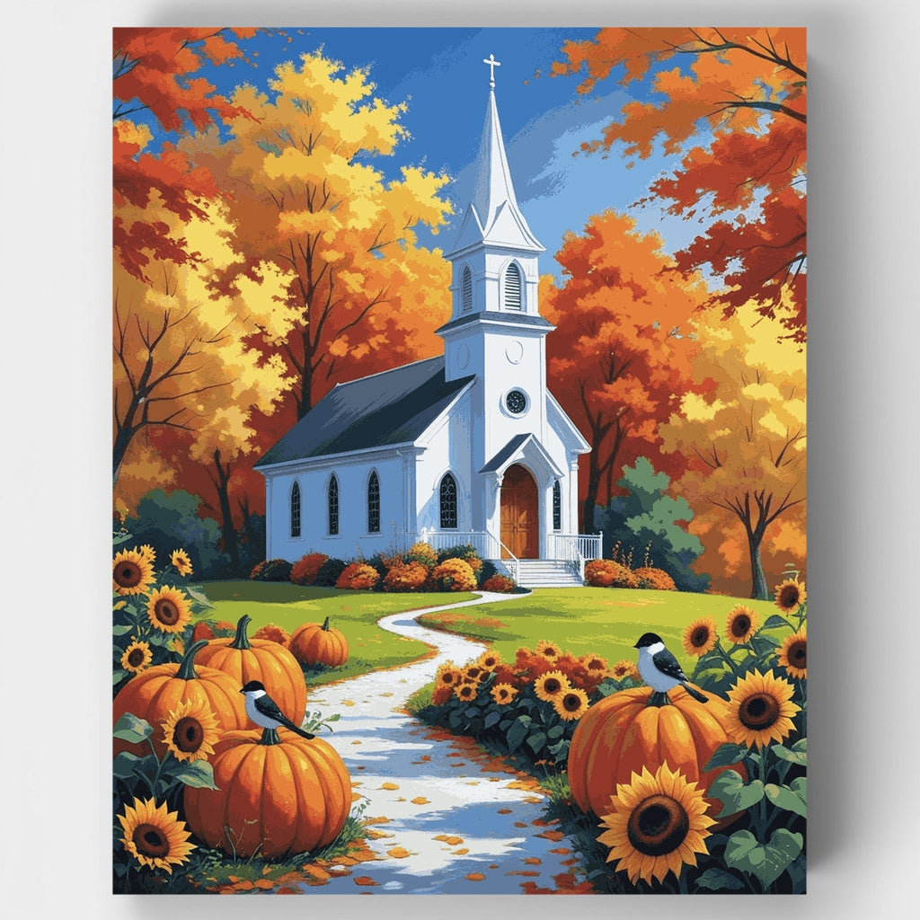 Iglesia de otoño con girasoles - Kit de pintura por números — Estándar