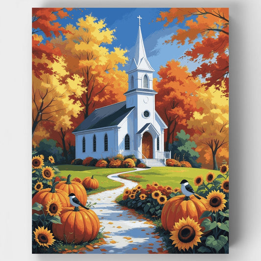 Autumn Church with Sunflowers - Paint by Numbers Kit