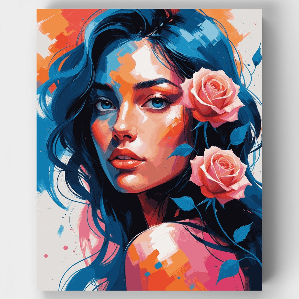 Blue Hair Beauty with Roses - Paint by Numbers Kit