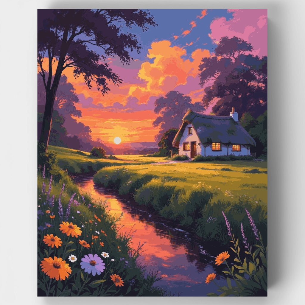 Kit de pintura por números - Atardecer en la cabaña encantada — Estándar