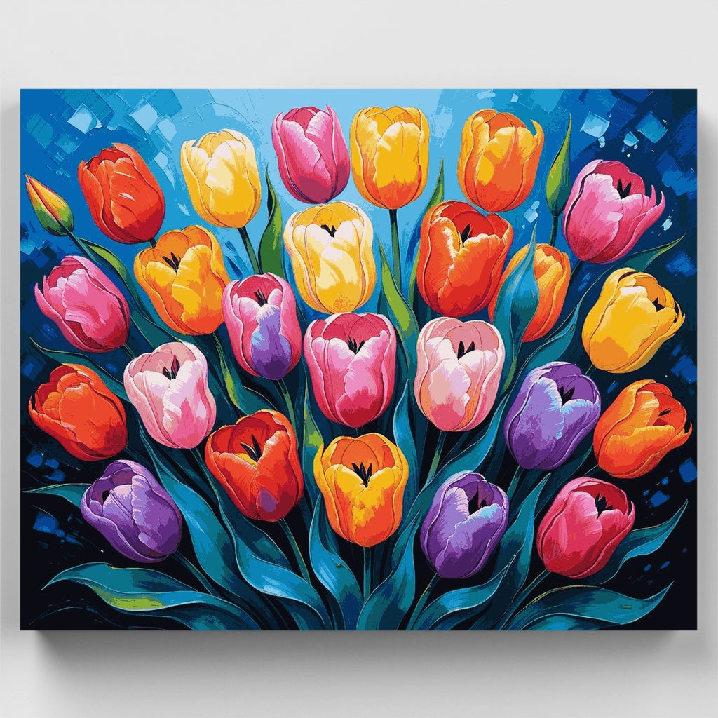 Tulipanes coloridos sobre fondo azul - Kit de pintura por números — Estándar