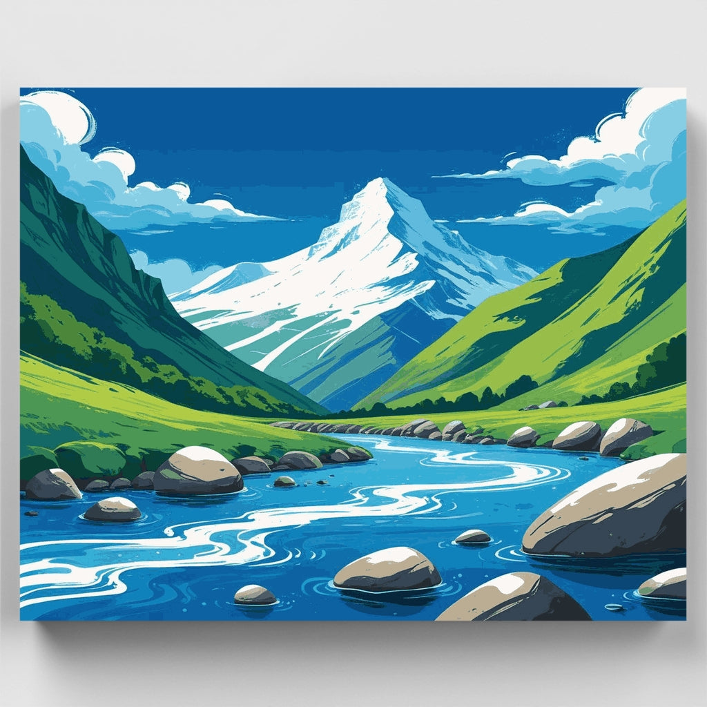 Alpine Valley River with Snow-Capped Peaks - Paint by Numbers Kit