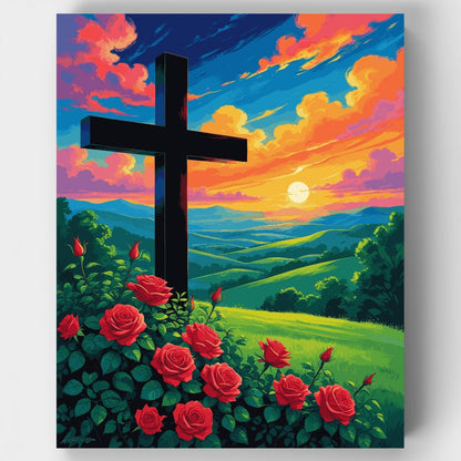 Cross at Sunset with Roses - Paint by Numbers Kit