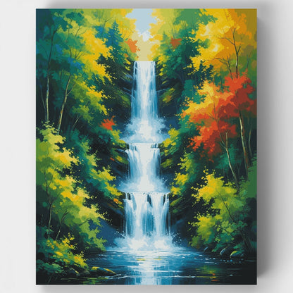 Cascading Waterfall in Autumn Forest - Paint by Numbers Kit