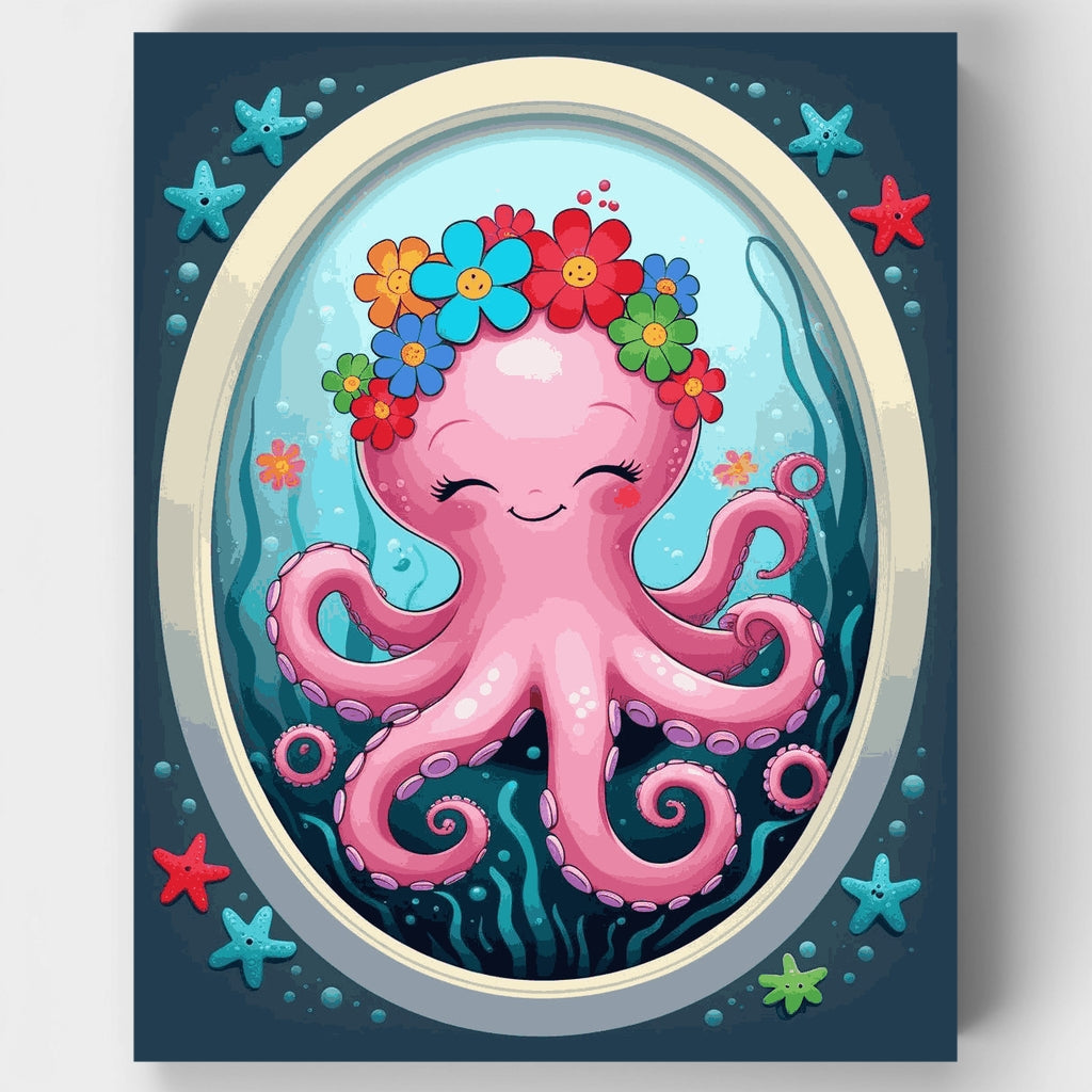 Pulpo rosa adorable con corona de flores - Kit de pintura por números — Estándar