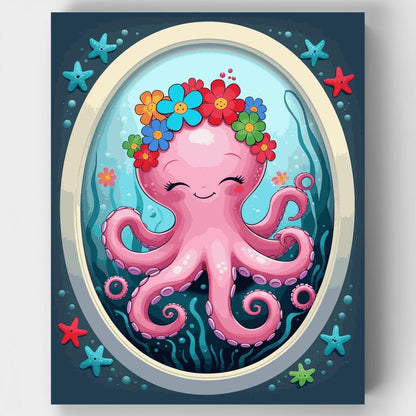 Adorable Pink Octopus with Flower Crown - Paint by Numbers Kit