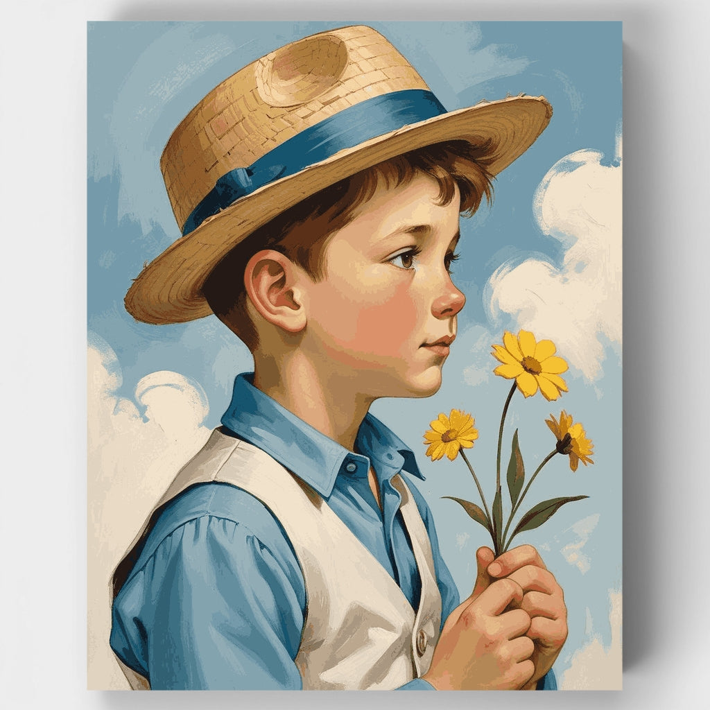 Boy with Straw Hat Holding Yellow Flowers - Paint by Numbers Kit