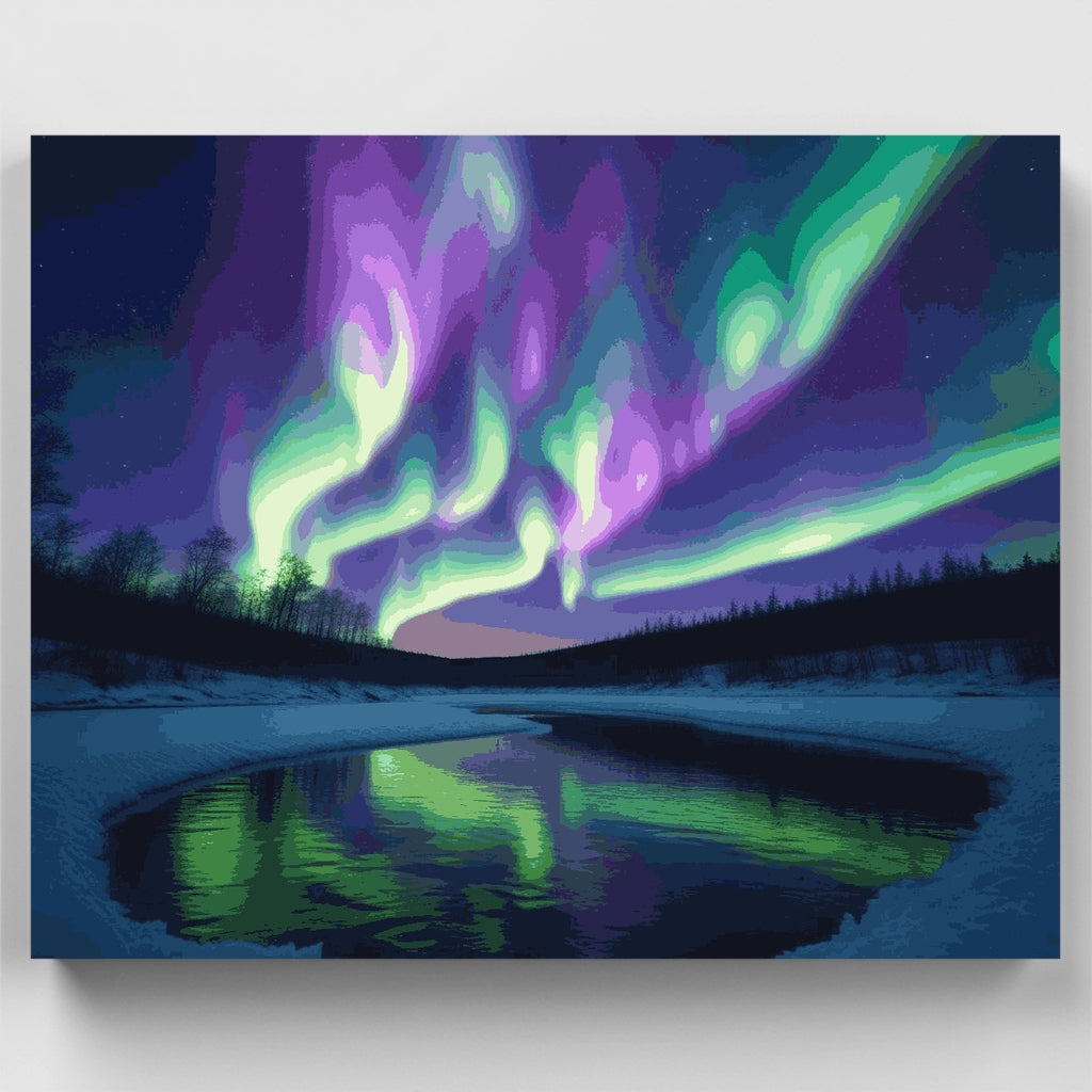 Kit de pintura por números - Paisaje invernal con aurora boreal — Estándar