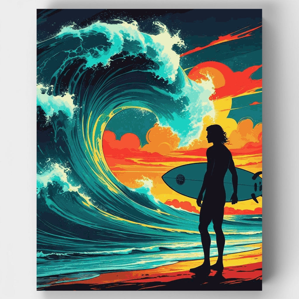 Kit de pintura por números: Atardecer épico de un surfista en la ola — Estándar