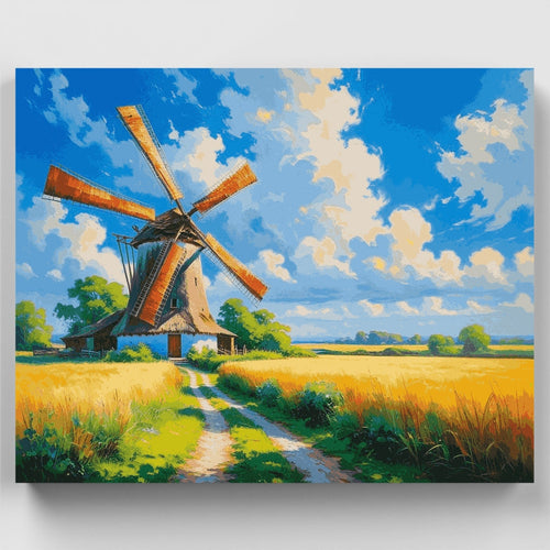 Dutch Windmill in Golden Fields - Paint by Numbers Kit