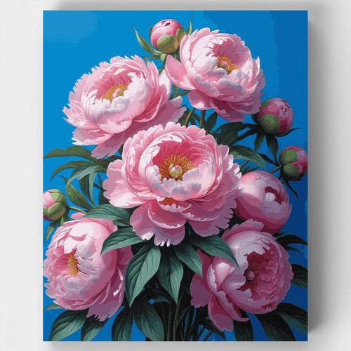 Pink Peonies on Blue Background - Paint by Numbers Kit