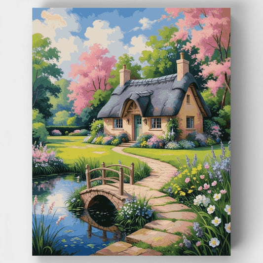 Thatched Cottage Bridge Garden Paradise - Paint by Numbers Kit