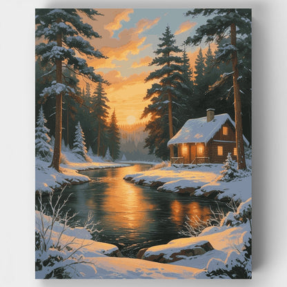 Winter Cabin by the Stream - Paint by Numbers Kit