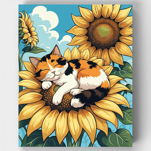 Calico Cat Sleeping on Sunflower - Paint by Numbers Kit