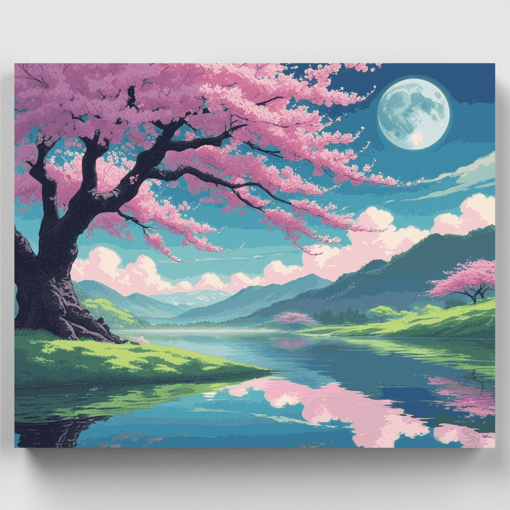 Kit de pintura por números - Luz de luna en el lago de los cerezos en flor — Estándar