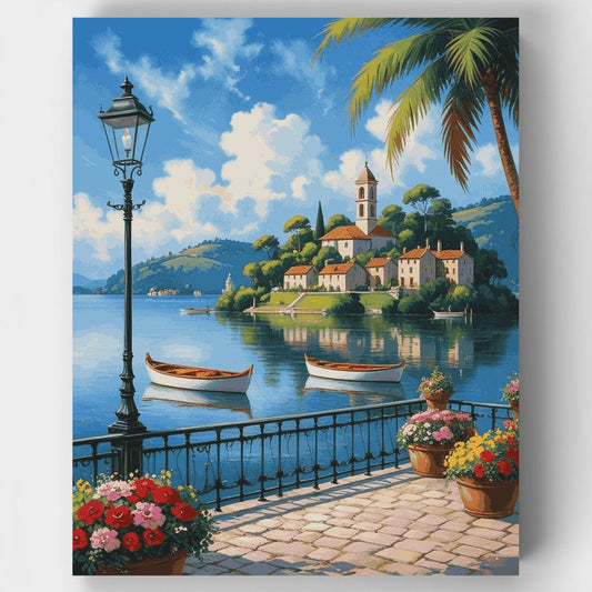 Serene Mediterranean Lakeside Promenade - Paint by Numbers Kit