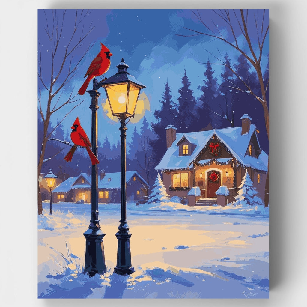 Cardenales de invierno y casa de campo - Kit de pintura por números — Estándar