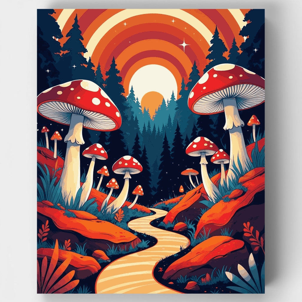Kit de pintura por números: Bosque de setas psicodélicas arcoíris — Estándar