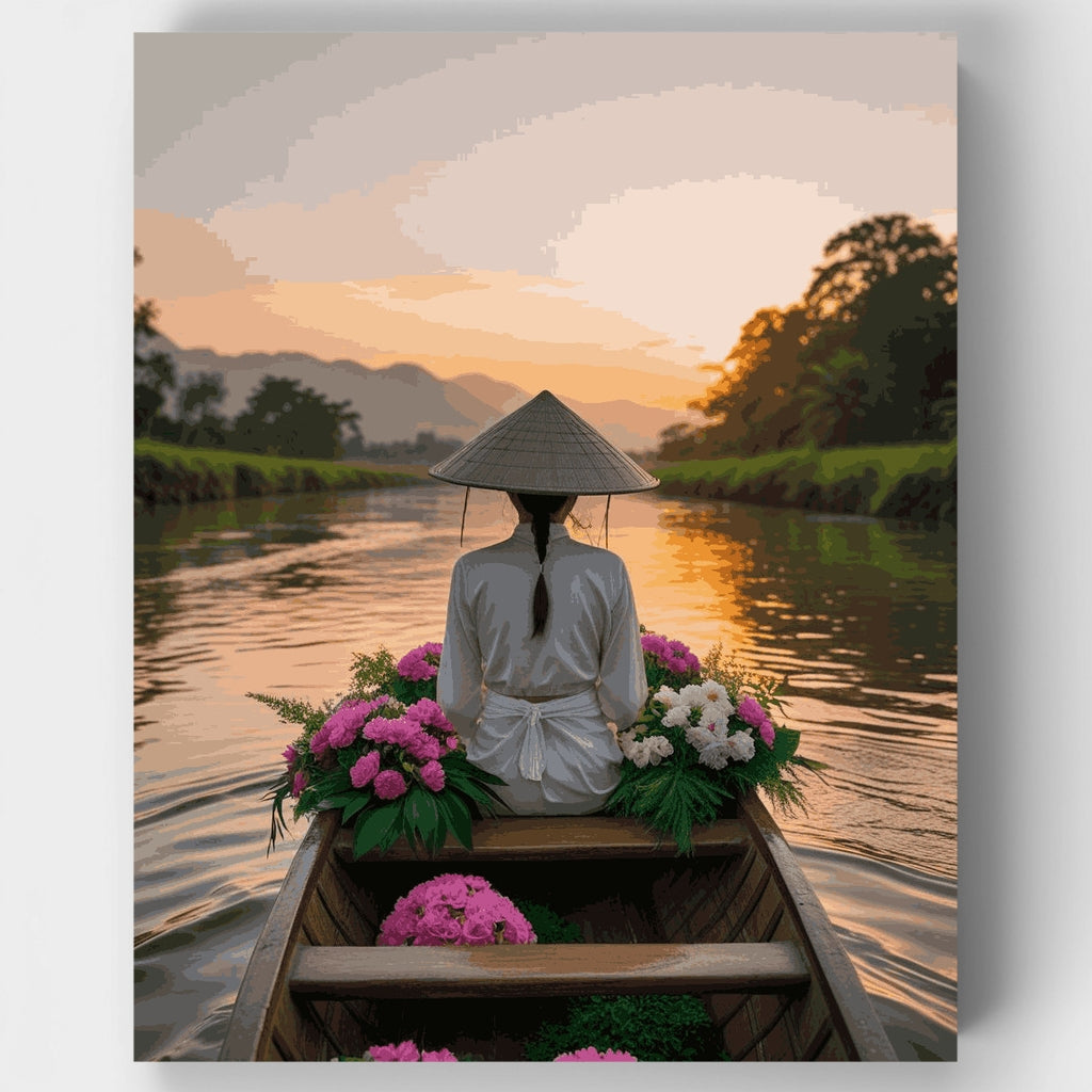 Kit de pintura por números: Atardecer en bote de flores vietnamita — Estándar