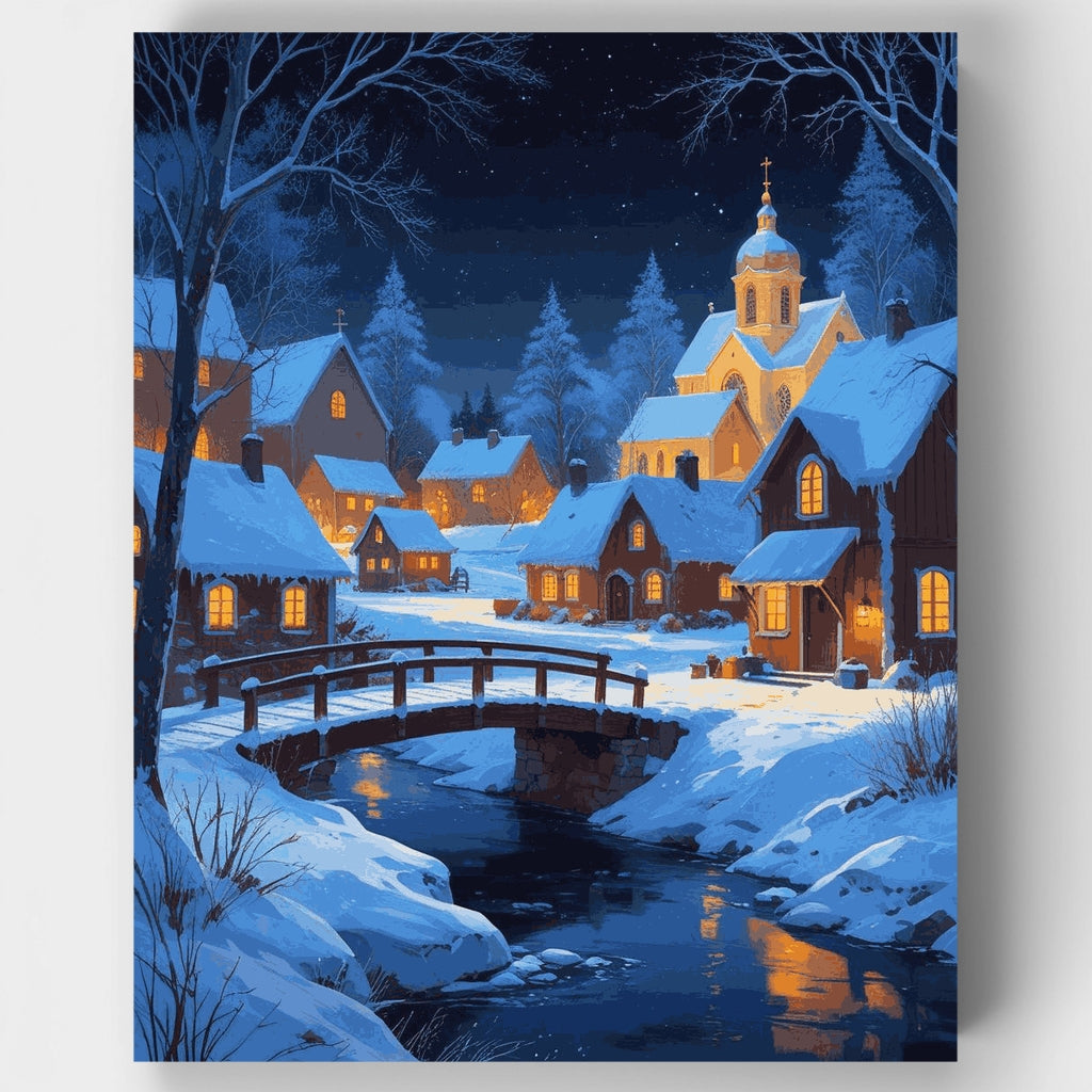 Snowy Village with Church Steeple - Paint by Numbers Kit
