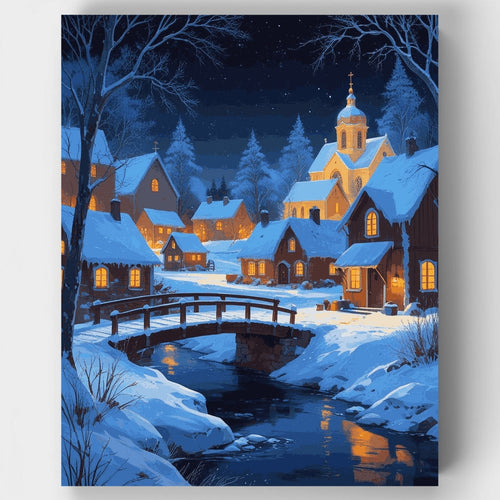 Snowy Village with Church Steeple - Paint by Numbers Kit