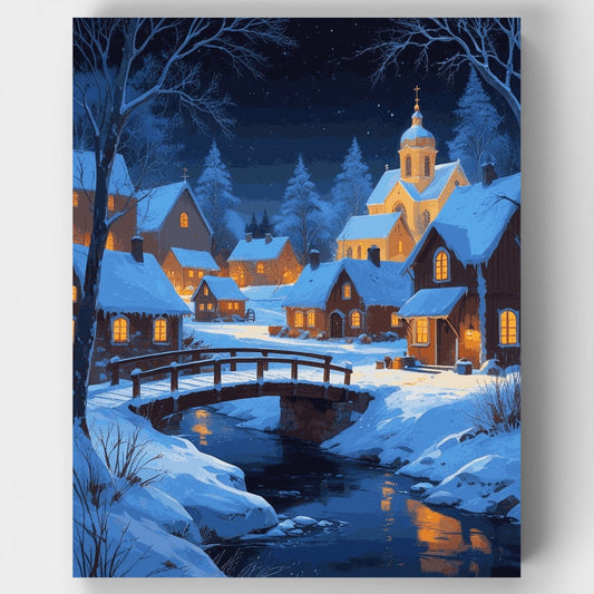 Snowy Village with Church Steeple - Paint by Numbers Kit