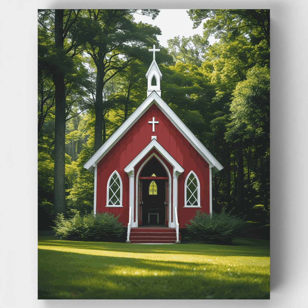 Pequeña capilla roja en el bosque - Kit de pintura por números — Estándar