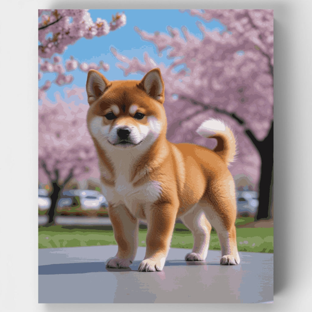 Shiba Inu bajo cerezos en flor - Kit de pintura por números — Estándar