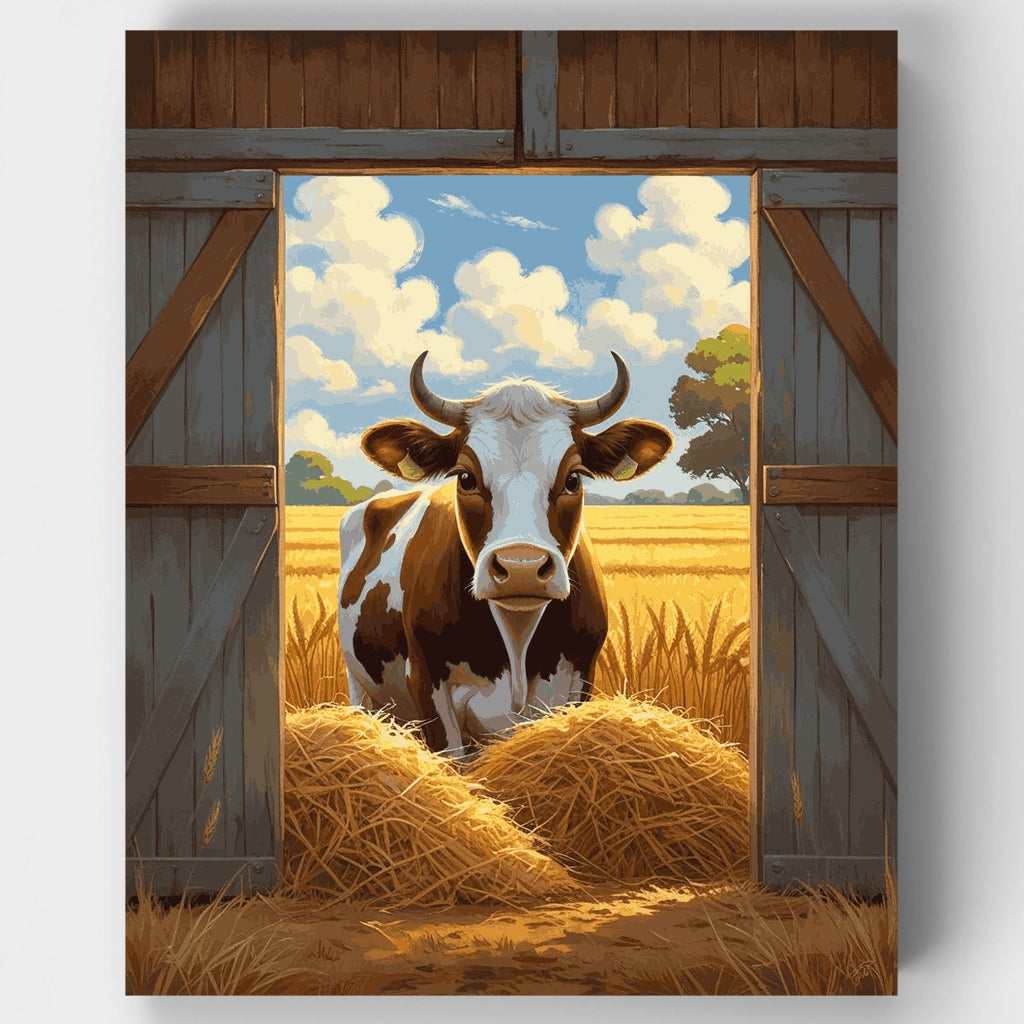 Vaca campestre en la puerta del granero - Kit de pintura por números — Estándar