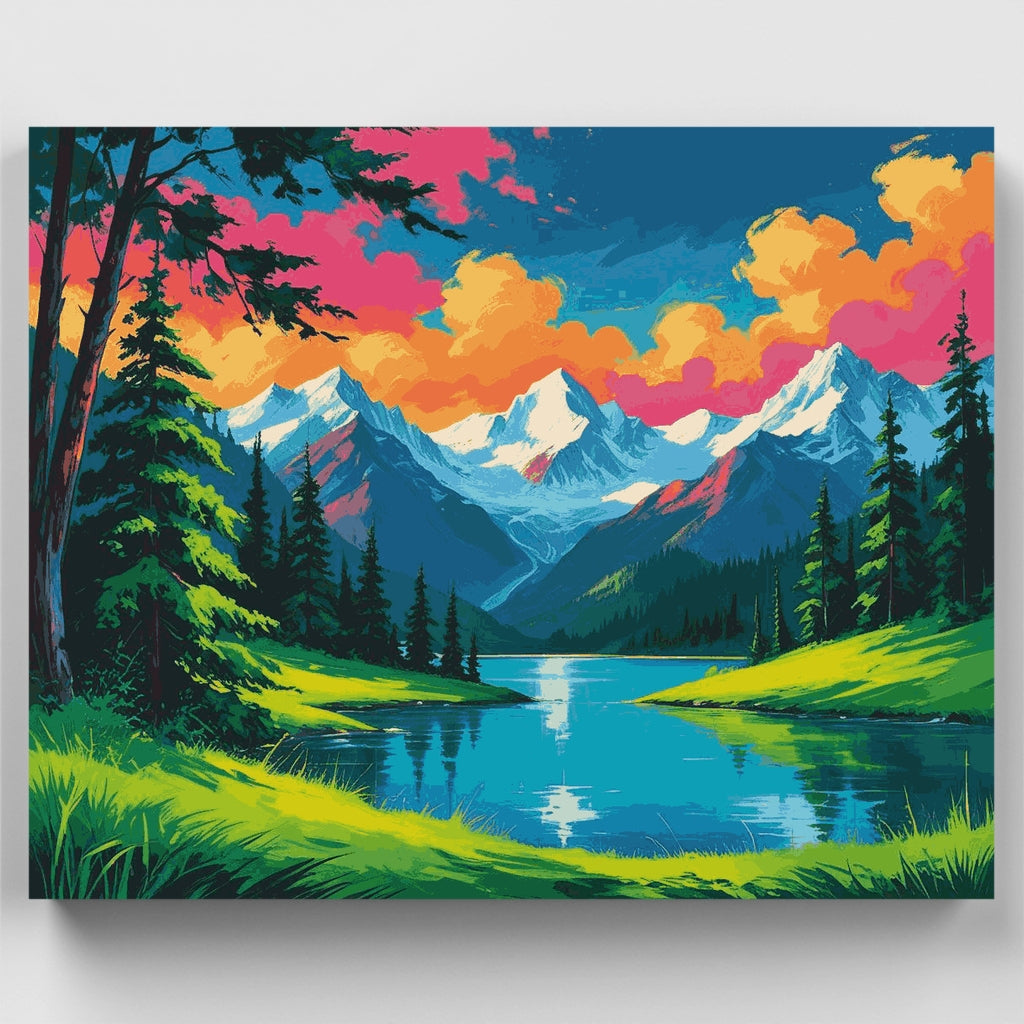 Kit de pintura por números: Paisaje de atardecer en el lago de montaña — Estándar