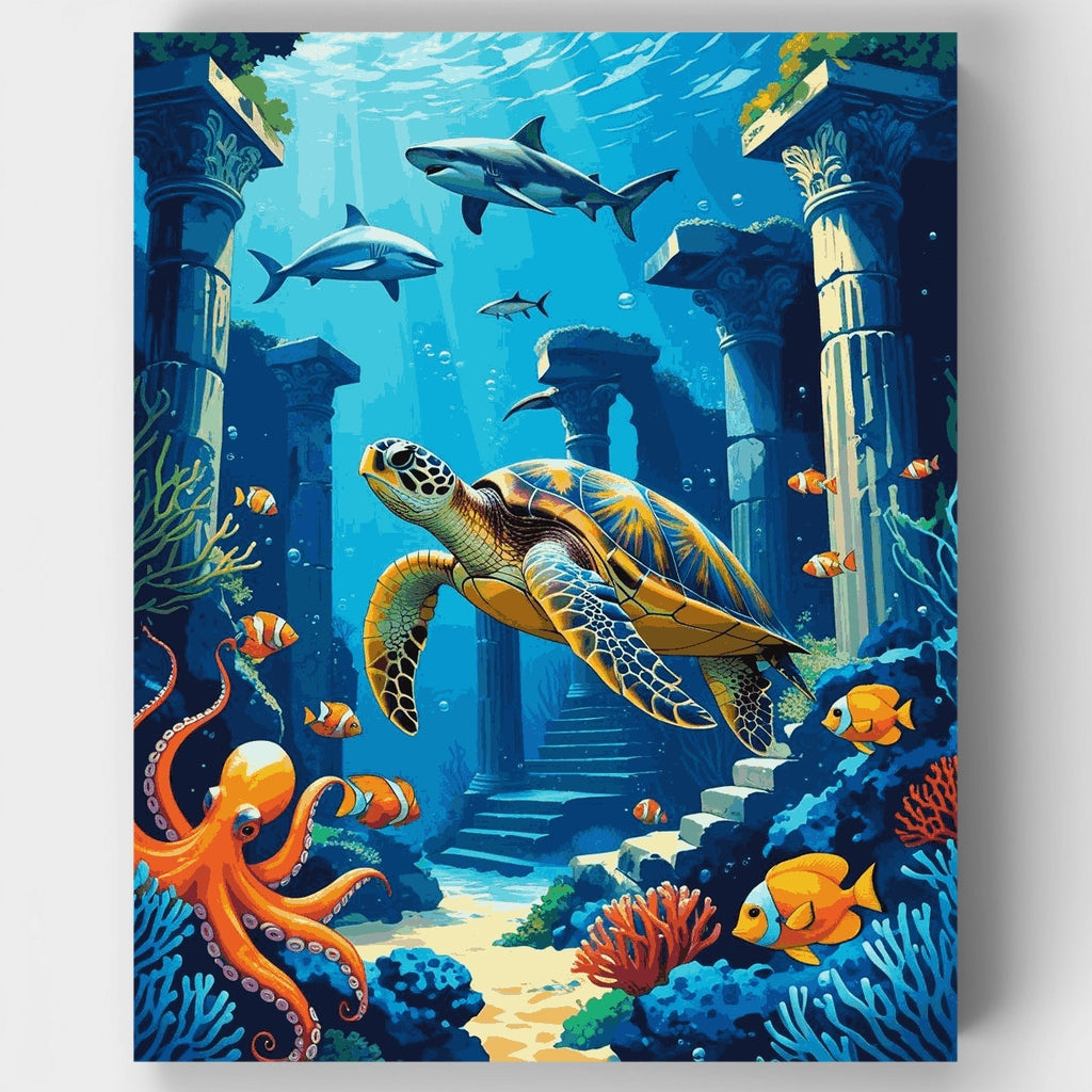 Ruinas antiguas submarinas con tortuga marina - Kit de pintura por números — Estándar