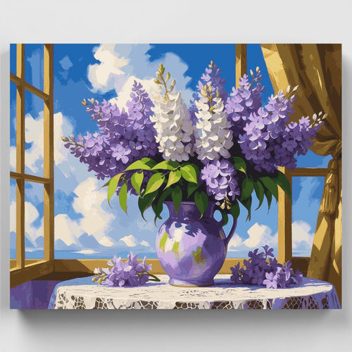 Lilacs in Purple Vase by Window - Paint by Numbers Kit