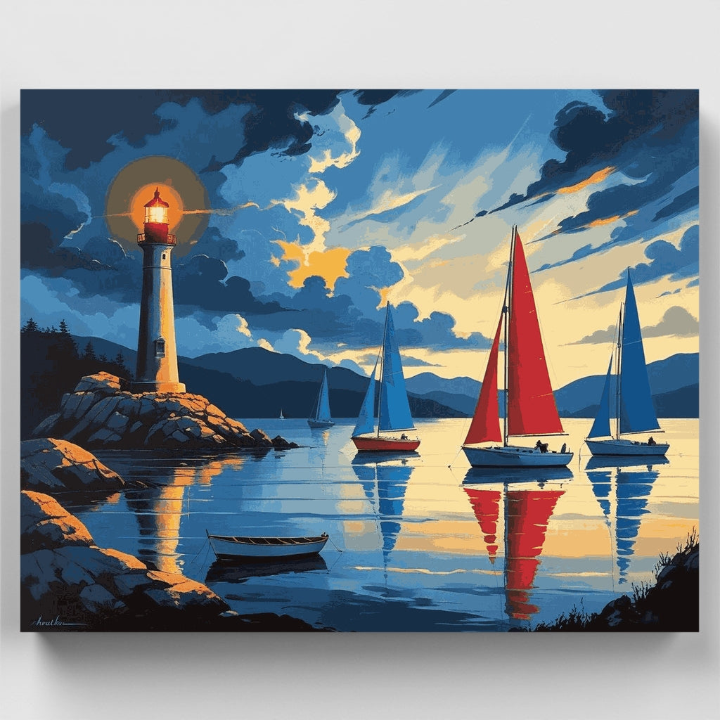 Kit de pintura por números - Velero en el puerto del faro — Estándar
