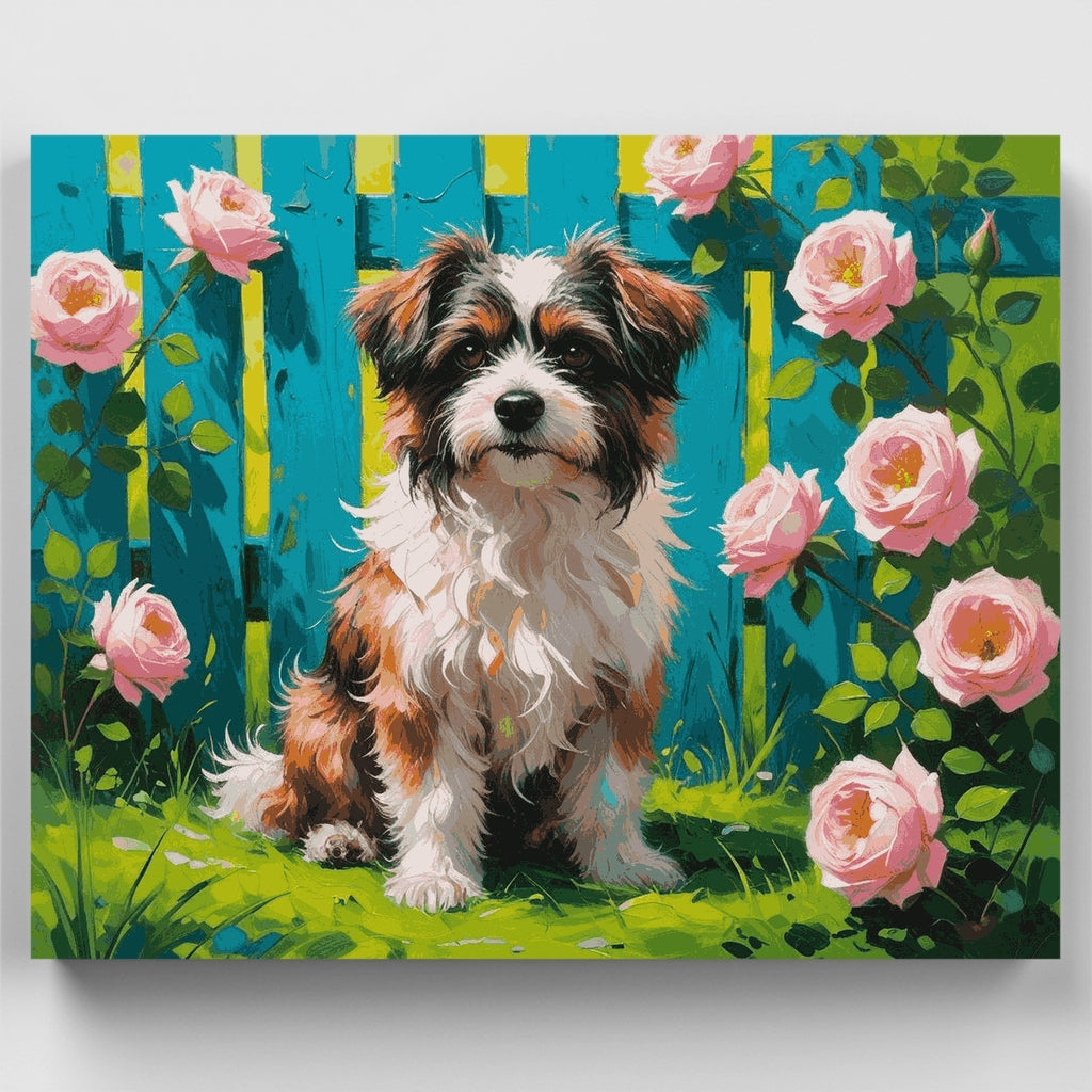 Cachorrito adorable en jardín de rosas - Kit de pintura por números — Estándar