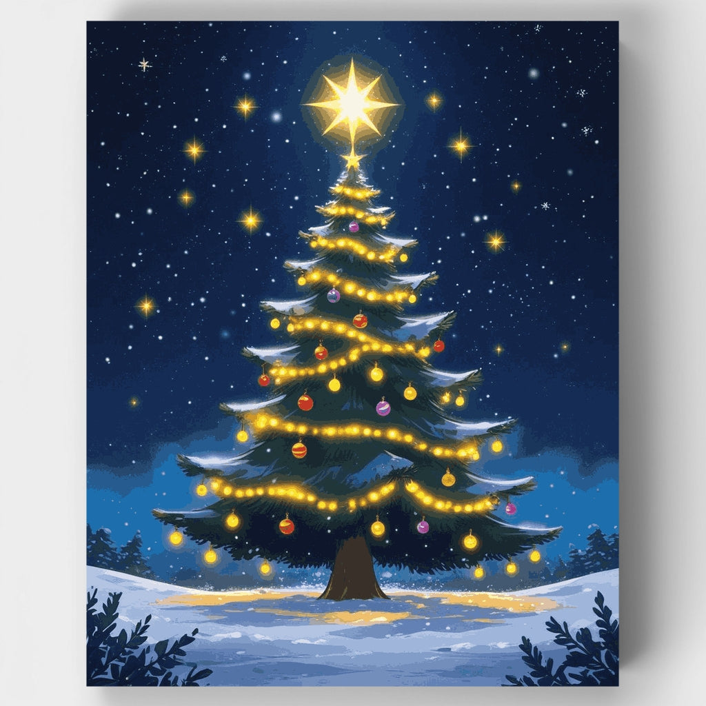 Árbol de Navidad bajo las estrellas en noche nevada - Kit de pintura por números — Estándar