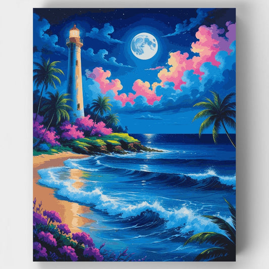 Tropical Lighthouse Under Moonlight - Paint by Numbers Kit