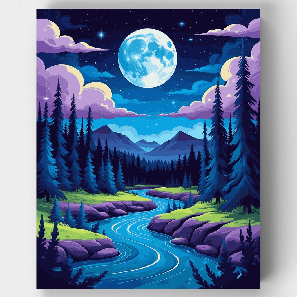 Valle fluvial encantado a la luz de la luna: kit de pintura por números — Estándar