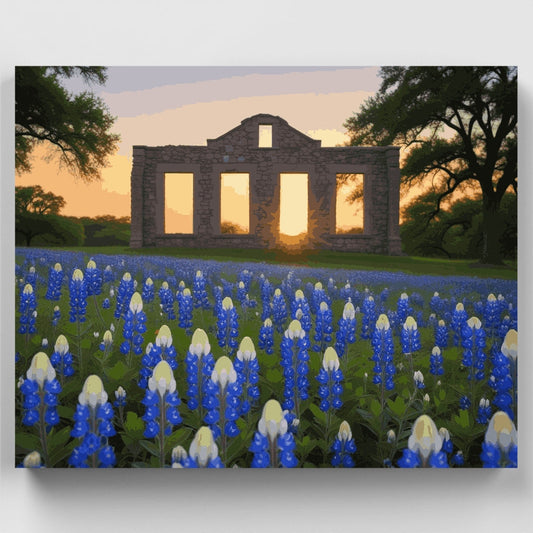 Bluebonnets and Stone Ruins at Sunset - Paint by Numbers Kit