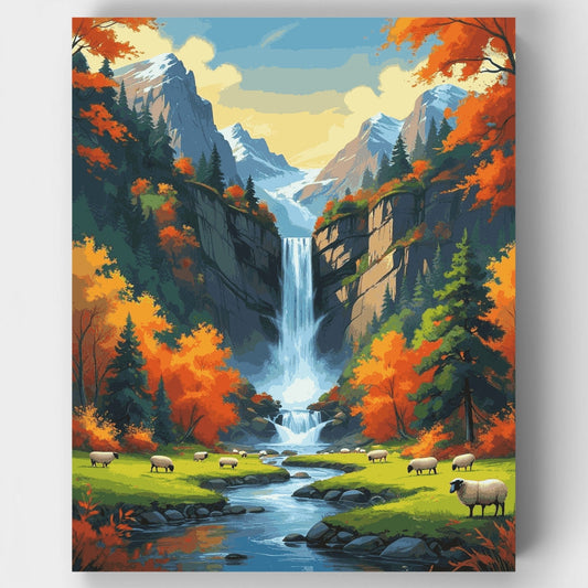 Autumn Waterfall Valley with Sheep - Paint by Numbers Kit