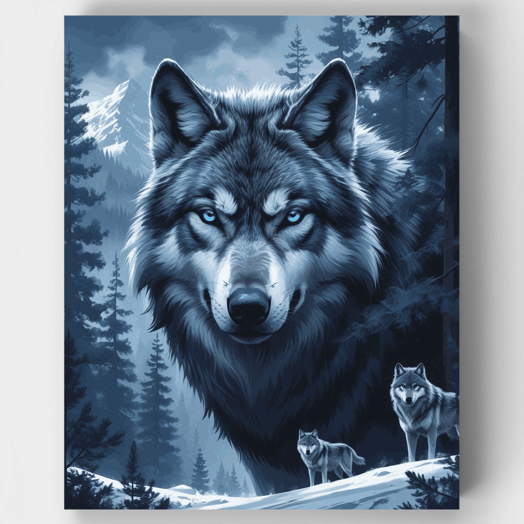Kit de pintura por números: Majestuosa manada de lobos en bosque invernal — Estándar