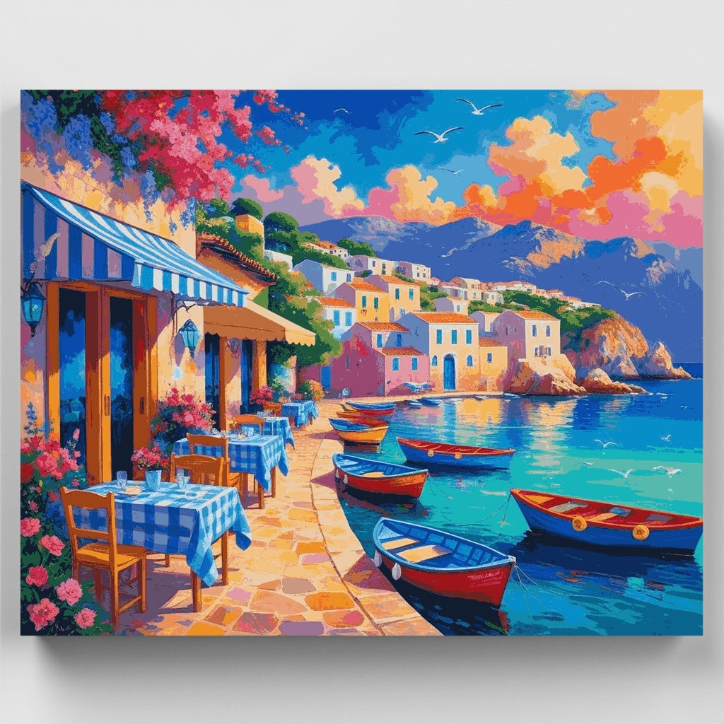 Terraza de cafetería junto al mar mediterráneo - Kit de pintura por números — Estándar