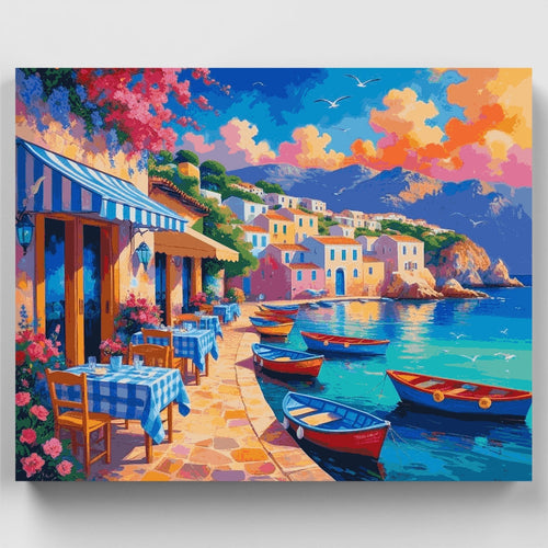 Mediterranean Seaside Cafe Terrace - Paint by Numbers Kit