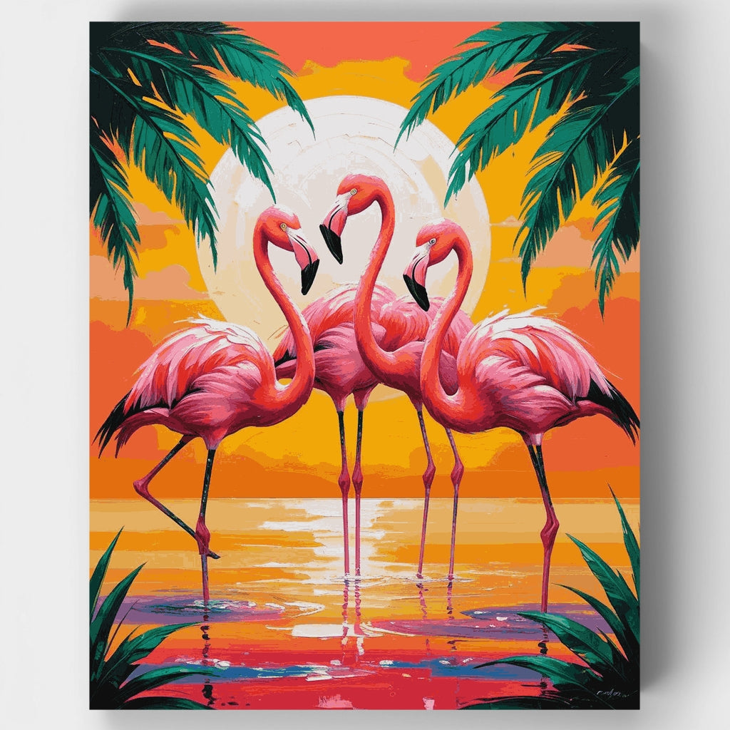 Kit de pintura por números: Atardecer con flamencos tropicales — Estándar