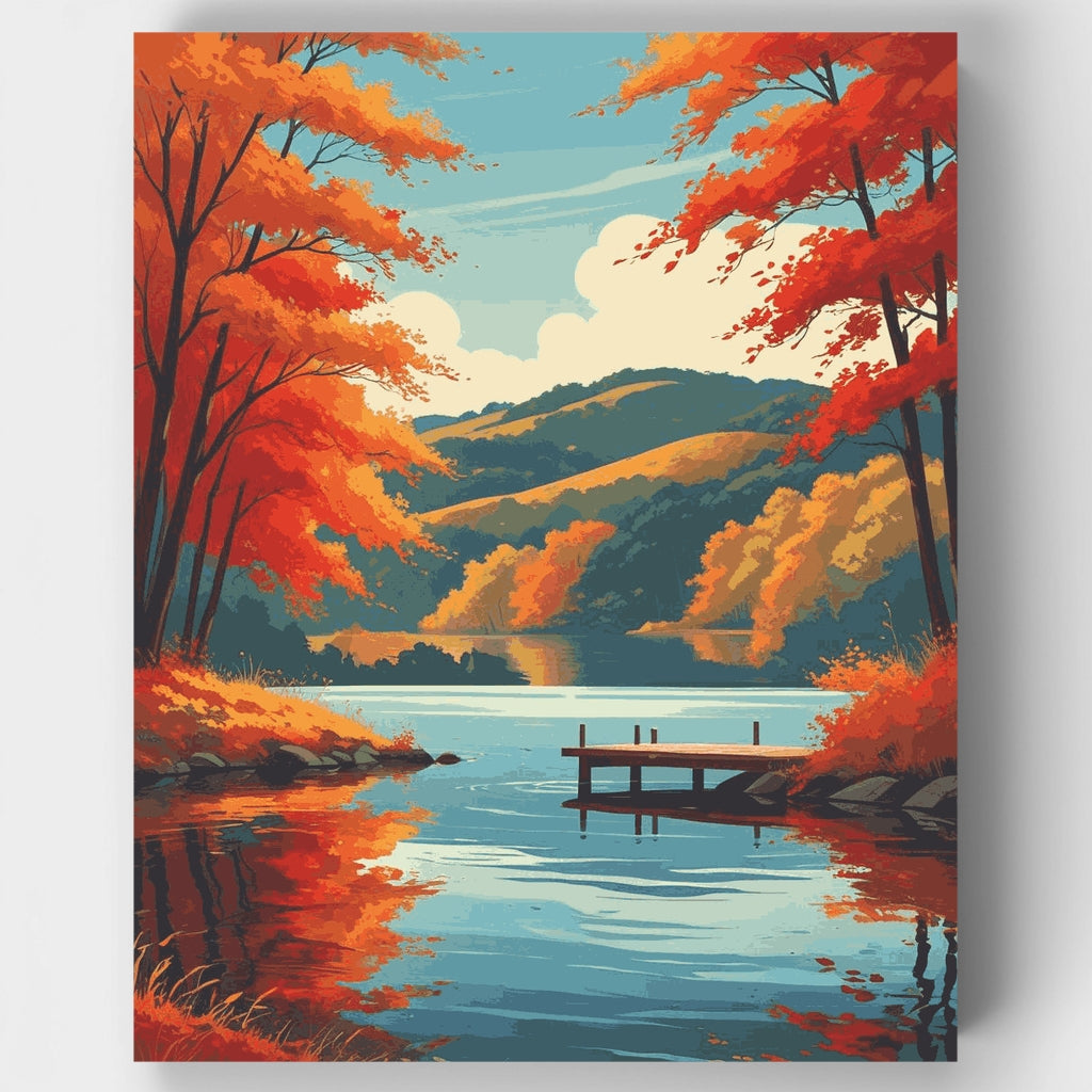 Reflejo en el lago en otoño con muelle de madera - Kit de pintura por números — Estándar