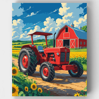 Red Tractor in Sunflower Field - Paint by Numbers Kit