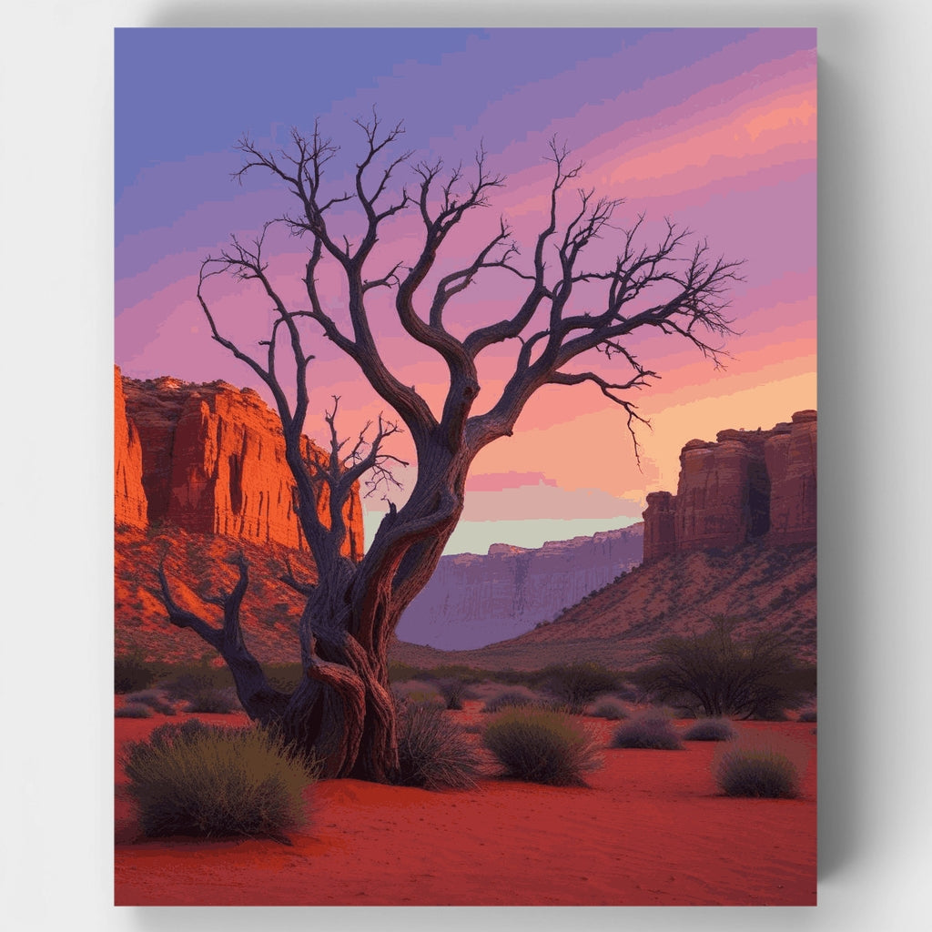 Atardecer en el desierto con árbol antiguo - Kit de pintura por números — Estándar